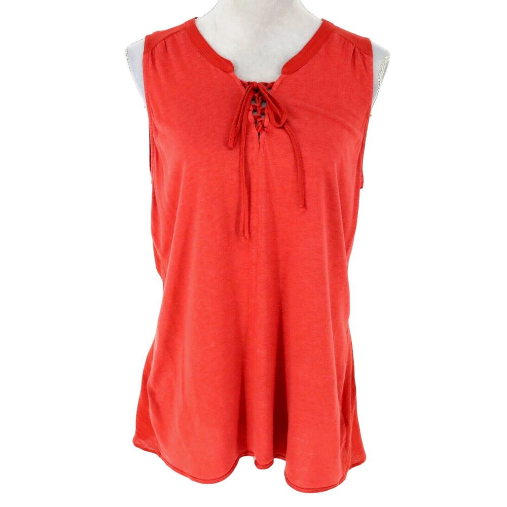 NYDJ Top Womens Medium Red Linen Blend Blouse Lace Up Stretch Knit Pullover